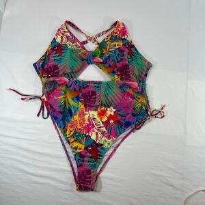 Tropical Floral Flamingo Cutout One Piece Swimsuit Multi Color Women's 3XL